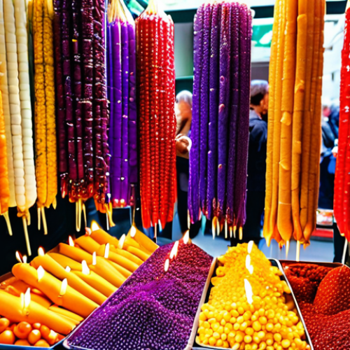 Home 4 A market stall overflowing with colorful Churchkhela hanging like edible candles, tourists mesmerized by the display, showcasing a variety of colors from deep purple to golden brown.