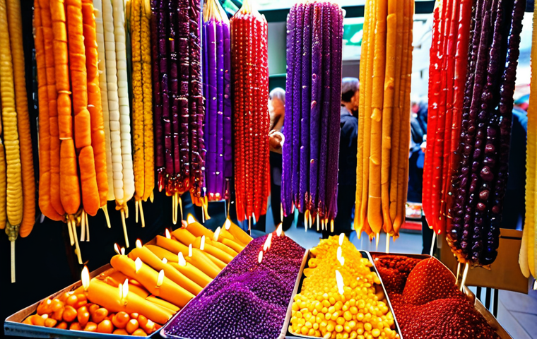 A market stall overflowing with colorful Churchkhela hanging like edible candles, tourists mesmerized by the display, showcasing a variety of colors from deep purple to golden brown.