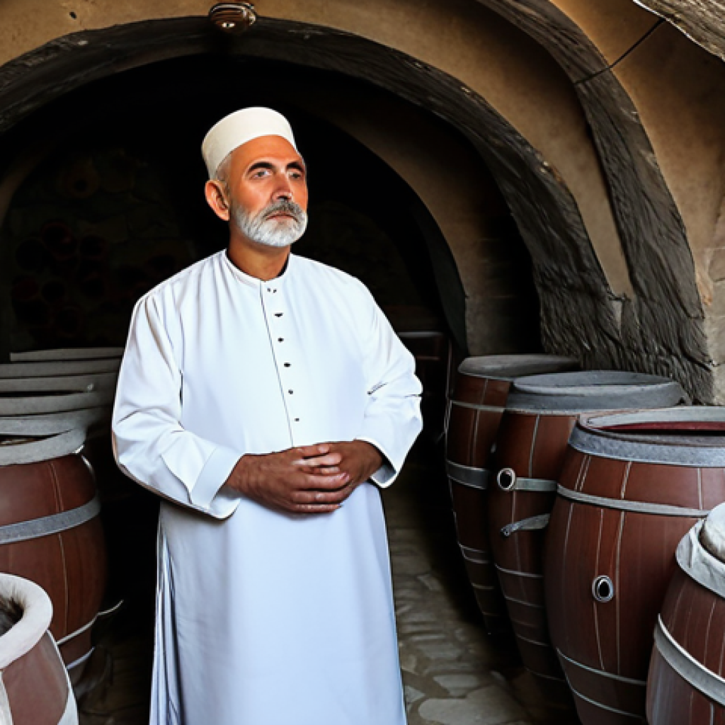 A middle-aged Georgian wine producer, fully clothed in modest traditional attire, stands contemplatively beside large clay Qvevri vessels buried in the earth of an ancient, dimly lit 'marani' wine cellar in Tbilisi. Stone walls and a rustic wooden table are visible, capturing the rich history and authentic tradition of Georgian winemaking. Perfect anatomy, correct proportions, natural pose, well-formed hands, proper finger count. Professional photography, high quality, realistic. Safe for work, appropriate content, fully clothed, modest, family-friendly.