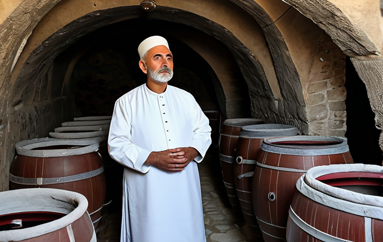A middle-aged Georgian wine producer, fully clothed in modest traditional attire, stands contemplatively beside large clay Qvevri vessels buried in the earth of an ancient, dimly lit 'marani' wine cellar in Tbilisi. Stone walls and a rustic wooden table are visible, capturing the rich history and authentic tradition of Georgian winemaking. Perfect anatomy, correct proportions, natural pose, well-formed hands, proper finger count. Professional photography, high quality, realistic. Safe for work, appropriate content, fully clothed, modest, family-friendly.