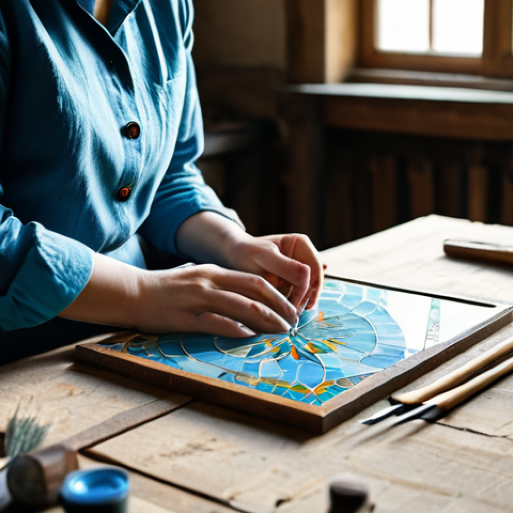 A skilled artisan, a woman, meticulously working on a traditional Georgian cloisonné enamel piece. She is dressed in modest, professional attire, a comfortable linen smock over a long-sleeved shirt. She sits at a rustic wooden workbench, surrounded by traditional tools. In the background, a subtle, translucent overlay of a modern digital interface displays a 3D model of her work, symbolizing the integration of digital preservation. Soft, natural light illuminates the scene. Perfect anatomy, correct proportions, well-formed hands, proper finger count, natural body proportions, natural pose. Professional photography, high quality, sharp focus, vibrant colors. Safe for work, appropriate content, fully clothed, professional dress.