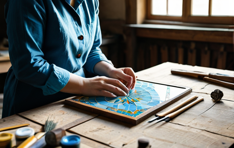 A skilled artisan, a woman, meticulously working on a traditional Georgian cloisonné enamel piece. She is dressed in modest, professional attire, a comfortable linen smock over a long-sleeved shirt. She sits at a rustic wooden workbench, surrounded by traditional tools. In the background, a subtle, translucent overlay of a modern digital interface displays a 3D model of her work, symbolizing the integration of digital preservation. Soft, natural light illuminates the scene. Perfect anatomy, correct proportions, well-formed hands, proper finger count, natural body proportions, natural pose. Professional photography, high quality, sharp focus, vibrant colors. Safe for work, appropriate content, fully clothed, professional dress.