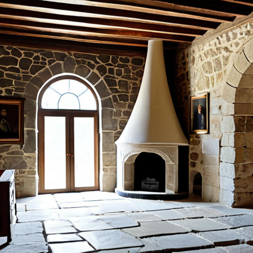 A view inside a traditional Georgian 'darbazi' house, showcasing its impressive domed ceiling and a central, ancient stone fireplace. Natural light streams softly through openings, highlighting the intricate wooden beams and rustic stone walls. The space feels warm and inviting, embodying a philosophy of harmonious living. An elegantly dressed architectural historian stands subtly to the side, observing the unique construction with an appreciative gaze. The overall scene conveys a sense of enduring craftsmanship and historical depth. safe for work, appropriate content, fully clothed, modest clothing, perfect anatomy, correct proportions, natural pose, well-formed hands, proper finger count, natural body proportions, professional photography, high quality.