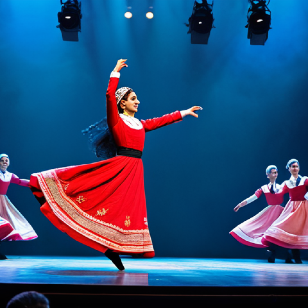 "A professional Georgian dance troupe performing a traditional Lezginka dance on a brightly lit stage, male dancers in chokhas displaying energetic leaps, female dancers in flowing gowns, fully clothed, appropriate attire, safe for work, perfect anatomy, natural proportions, stage lighting, professional photography, high quality."