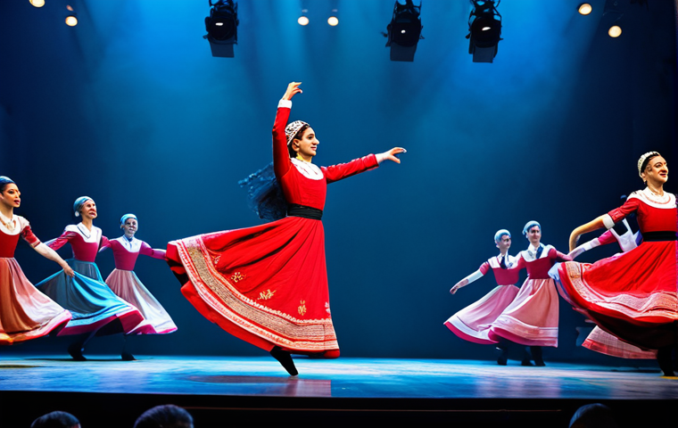 "A professional Georgian dance troupe performing a traditional Lezginka dance on a brightly lit stage, male dancers in chokhas displaying energetic leaps, female dancers in flowing gowns, fully clothed, appropriate attire, safe for work, perfect anatomy, natural proportions, stage lighting, professional photography, high quality."