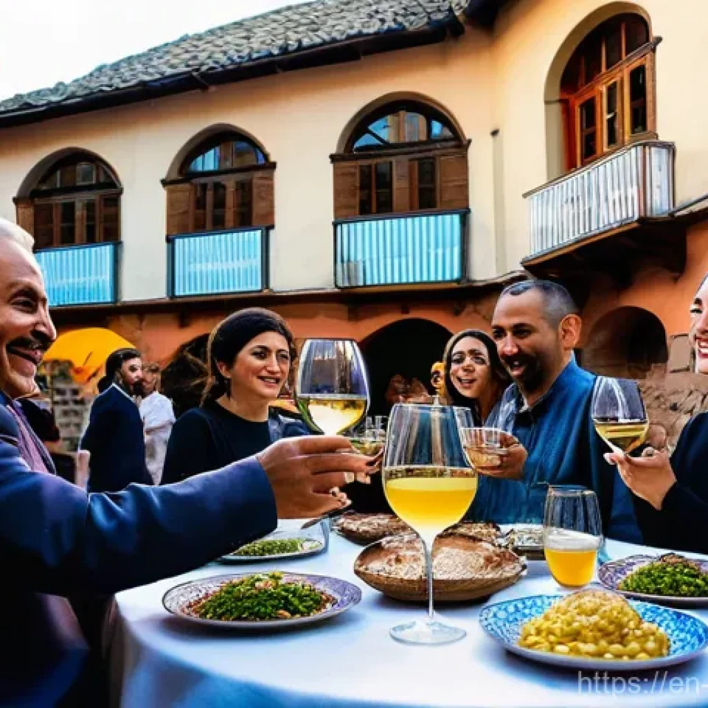 조지아와 주변국 여행 루트 - **A Vibrant Georgian Feast in Tbilisi's Old Town:** An atmospheric, wide-angle shot capturing a live...