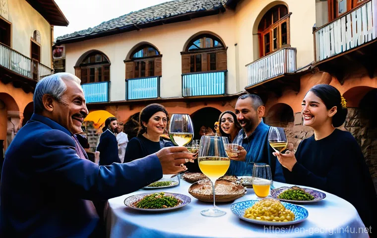 조지아와 주변국 여행 루트 - **A Vibrant Georgian Feast in Tbilisi's Old Town:** An atmospheric, wide-angle shot capturing a live...