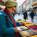 조지아 환율 변동 추이 - **Prompt:** A dynamic, wide-angle shot of a bustling street in Tbilisi, Georgia, with traditional wo...