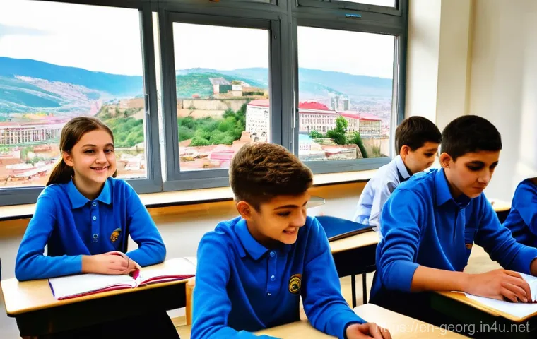 조지아 국제학교와 교육 환경 - **Prompt:** A vibrant and diverse group of children, aged 8-14, dressed in comfortable, modest casua...