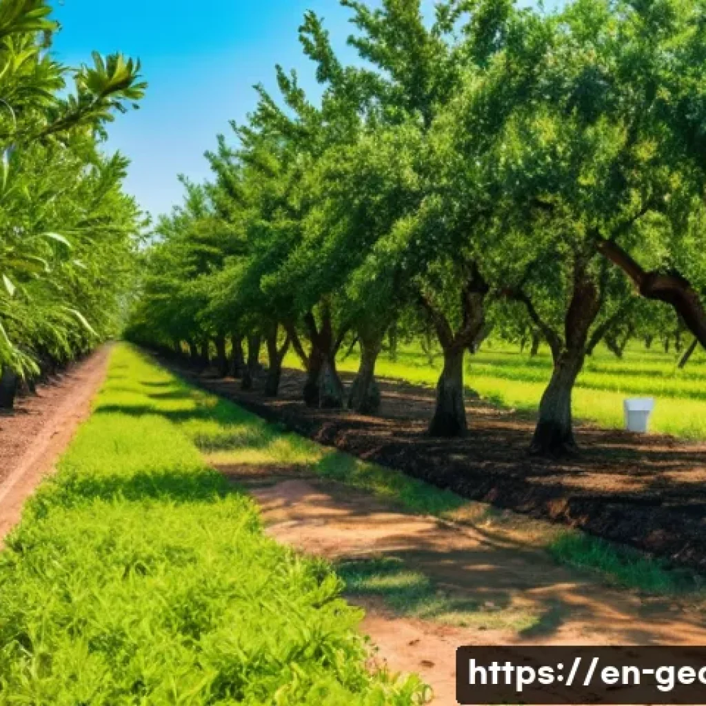 조지아의 주요 수출품 - A vibrant Georgia pecan orchard in early autumn, showing rows of mature pecan trees laden with ripe ...