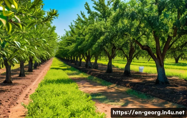 조지아의 주요 수출품 - A vibrant Georgia pecan orchard in early autumn, showing rows of mature pecan trees laden with ripe ...