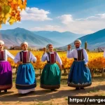 조지아의 국경 지역 문화 - A lively traditional grape harvest festival scene in Kakheti, Georgia’s border village, featuring di...