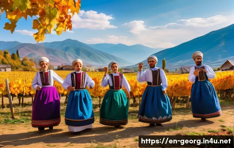 조지아의 국경 지역 문화 - A lively traditional grape harvest festival scene in Kakheti, Georgia’s border village, featuring di...