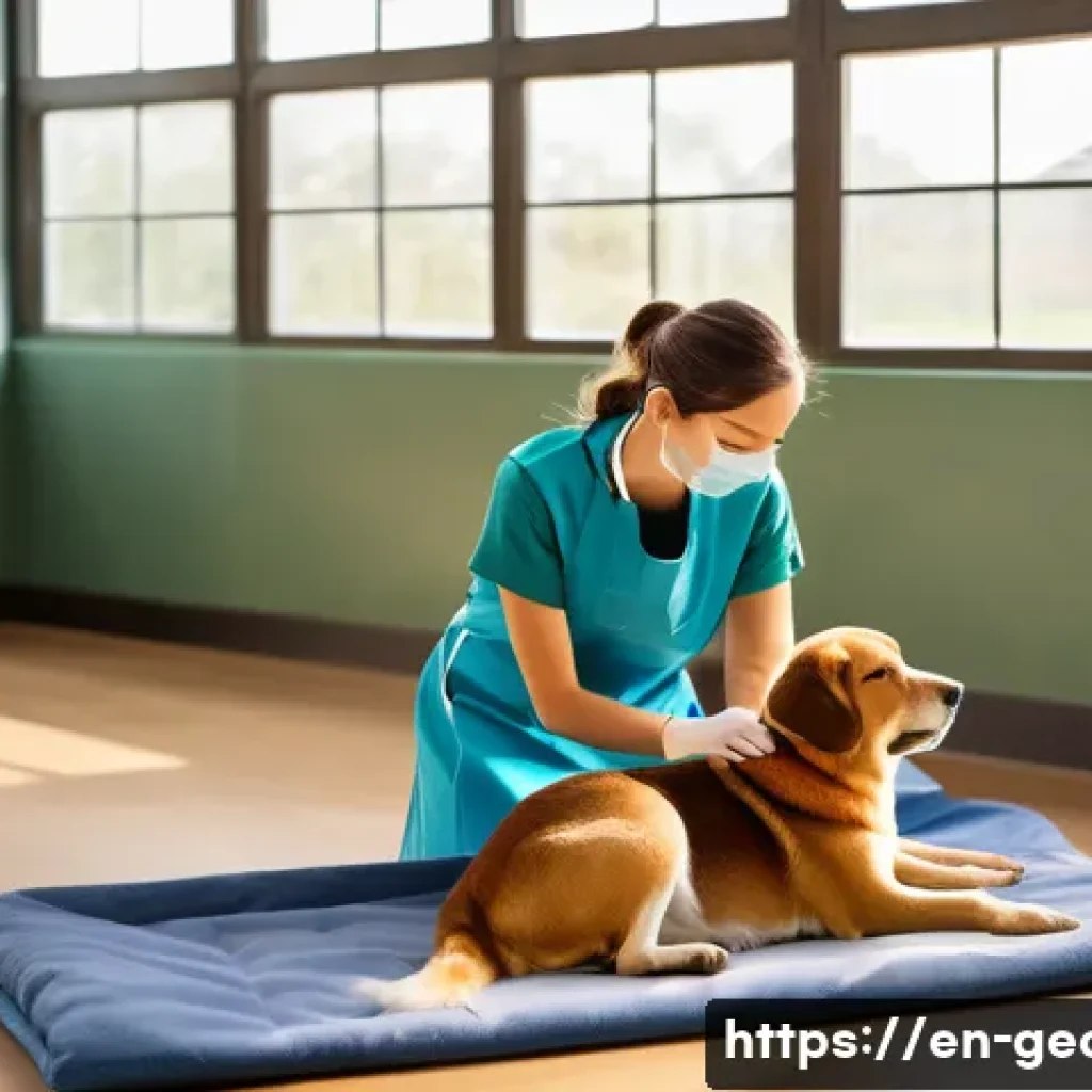 조지아의 동물 보호 활동 - A compassionate volunteer gently caring for a medium-sized dog inside a bright, spacious animal sanc...