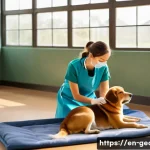 조지아의 동물 보호 활동 - A compassionate volunteer gently caring for a medium-sized dog inside a bright, spacious animal sanc...