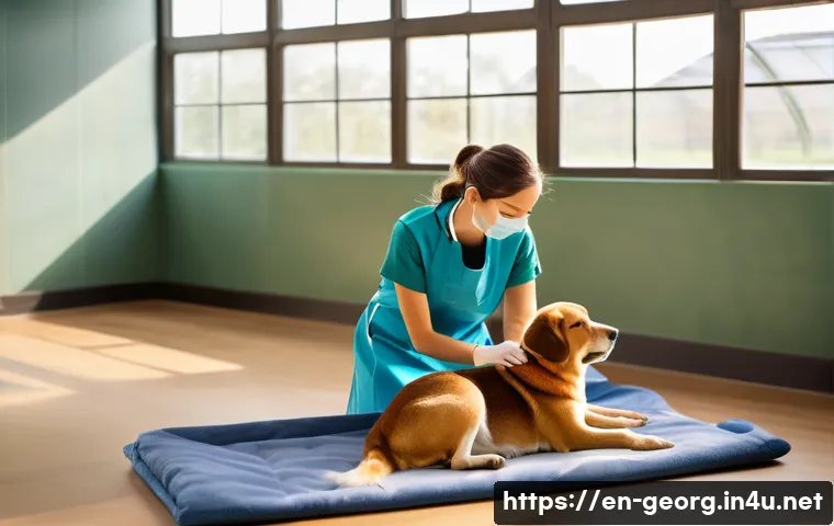 조지아의 동물 보호 활동 - A compassionate volunteer gently caring for a medium-sized dog inside a bright, spacious animal sanc...