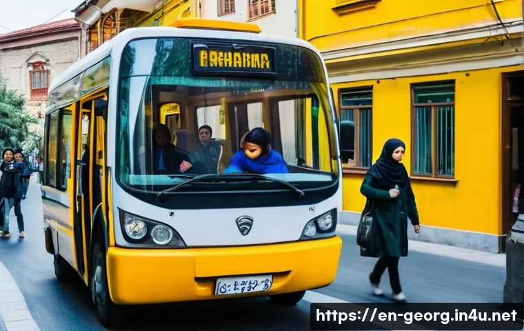 트빌리시 교통 체계 - A bustling Tbilisi street scene showcasing a bright yellow marshrutka minibus weaving through narrow...
