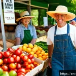 조지아 음식 시장 탐방 - A vibrant Georgia farmers market scene on a sunny Saturday morning in spring, featuring colorful sta...
