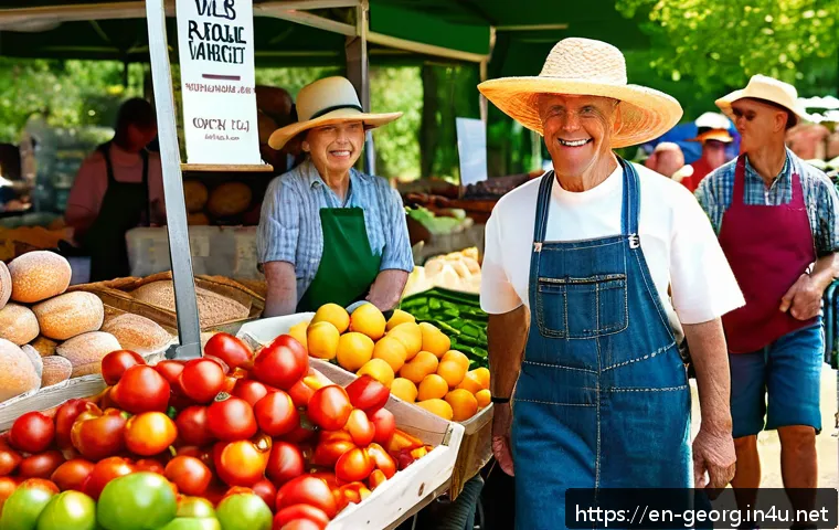 조지아 음식 시장 탐방 - A vibrant Georgia farmers market scene on a sunny Saturday morning in spring, featuring colorful sta...