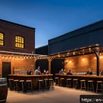 조지아 수제 맥주 투어 - A vibrant brewery scene in Atlanta’s West Midtown neighborhood during early evening, featuring a liv...