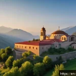 Home 23 조지아 정교회의 역사 - A majestic Georgian Orthodox monastery perched on a rugged mountainside during golden hour, showcasi...