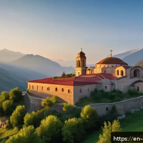 Home 17 조지아 정교회의 역사 - A majestic Georgian Orthodox monastery perched on a rugged mountainside during golden hour, showcasi...