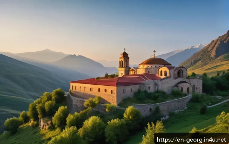 조지아 정교회의 역사 - A majestic Georgian Orthodox monastery perched on a rugged mountainside during golden hour, showcasi...
