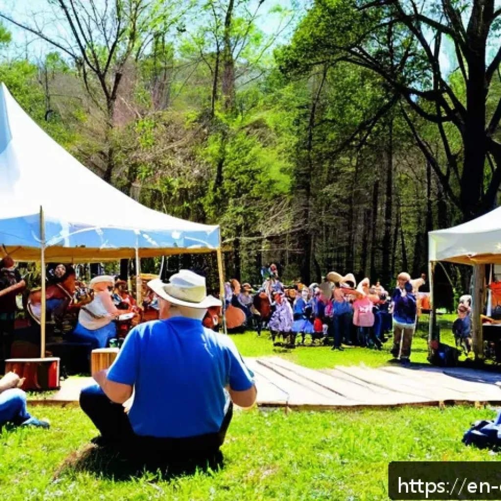 조지아의 민속 축제 일정 - A lively outdoor folk music festival scene in Clayton, Georgia during mid-April, featuring a diverse...