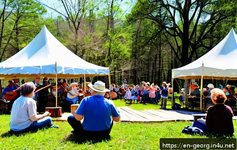 조지아의 민속 축제 일정 - A lively outdoor folk music festival scene in Clayton, Georgia during mid-April, featuring a diverse...
