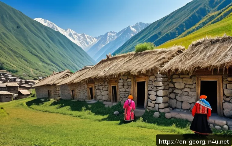 조지아 민족성 이해하기 - A vibrant traditional Georgian village scene in the Caucasus Mountains featuring Svan people dressed...