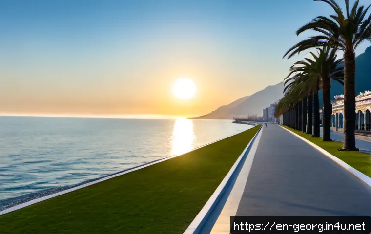 Home 17 조지아의 온천 도시 바투미 - Photorealistic dawn view of Batumi, Georgia, featuring the Black Sea promenade, elegant modern water...