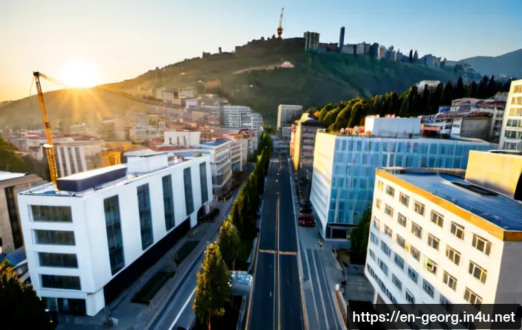 조지아 경제 성장률 - Photorealistic wide-angle view of modern Tbilisi, Georgia at sunrise, sleek glass office buildings a...