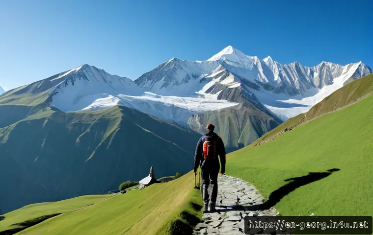 조지아에서 추천하는 액티비티 - Photorealistic travel scene in Georgia’s Caucasus Mountains, two adult hikers in practical outdoor c...
