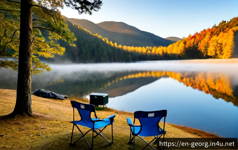 조지아에서의 캠핑 추천 지역 - Photorealistic sunrise camping scene in the North Georgia Blue Ridge Mountains, a cozy modern tent b...