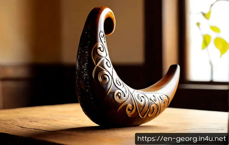 Home 17 조지아 전통 목공예품 - Photorealistic close-up of a traditional Georgian carved wooden drinking horn resting on a rustic wa...